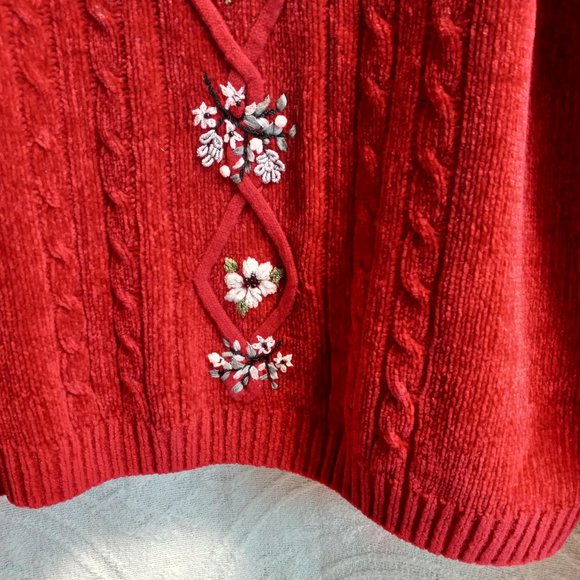 Red Alfred Dunner Cable Knit Chenille Sweater Floral Embroidery Size PXL (T-341) - Picture 4 of 12